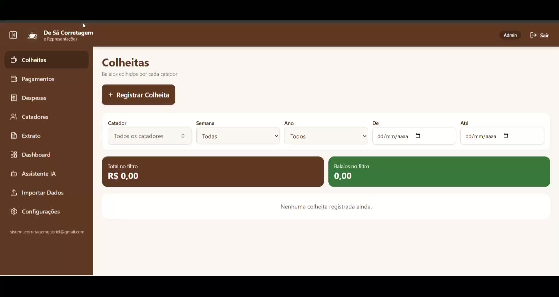 Prévia do sistema Corretora de Café, De Sá Corretagem