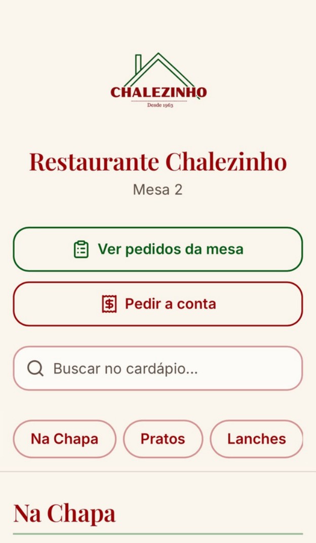 Cardápio digital do Chalezinho aberto na Mesa 2.