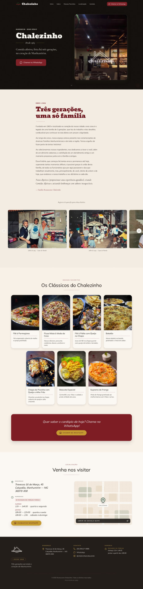 Página inteira do site do Chalezinho: história, pratos clássicos, localização e contato.
