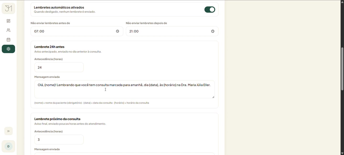 Tela de configuração dos lembretes automáticos por WhatsApp.