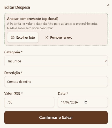 Janela de edição de despesa com a opção de anexar o comprovante para a IA ler.